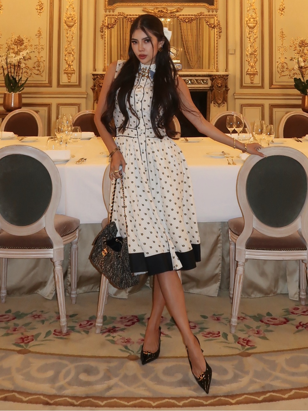 Fendi white black Polka Dot Sleeveless Midi Dress with Black Hem blue collar 40*